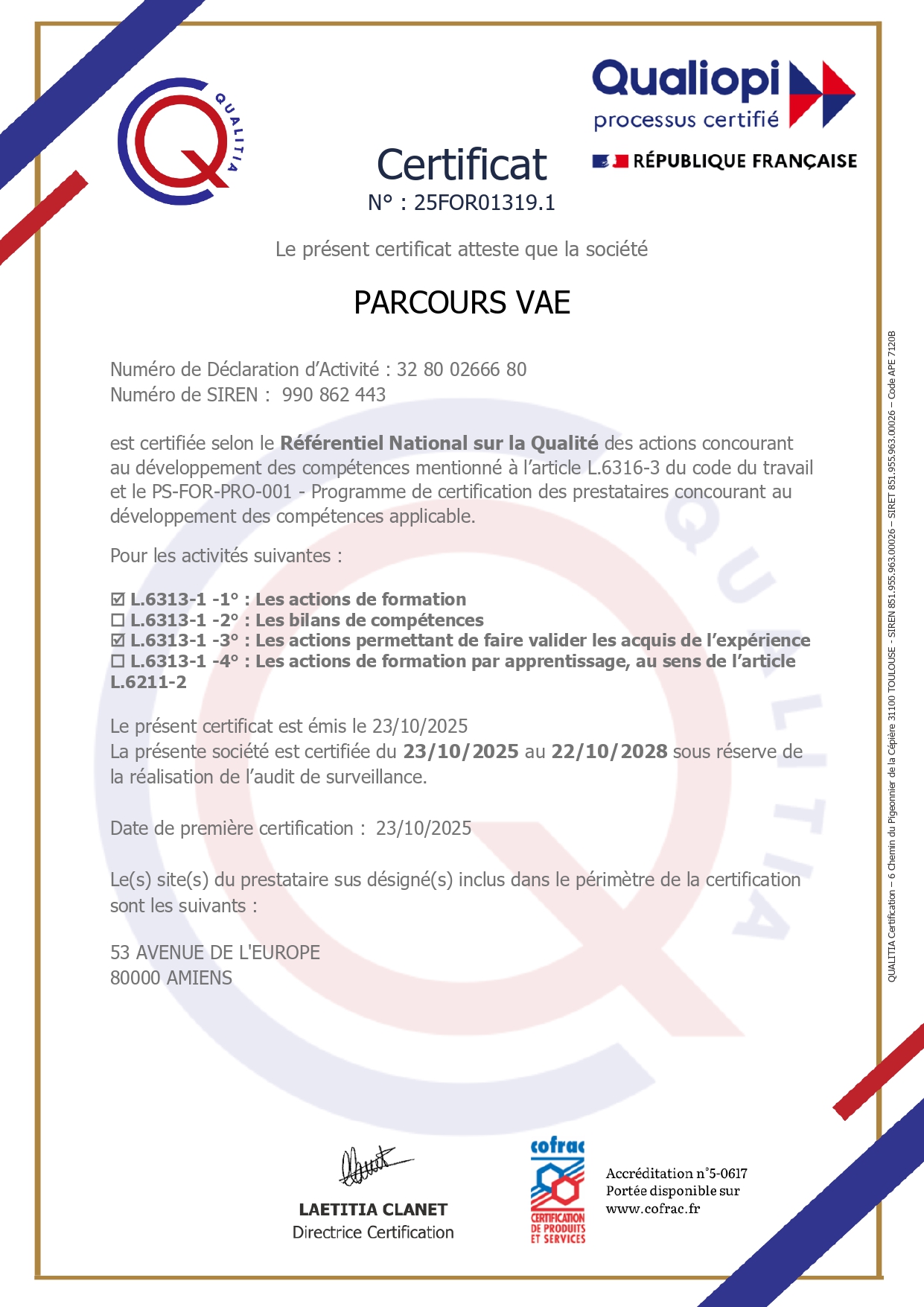 Certificat Qualiopi Parcours VAE25FOR01319.1